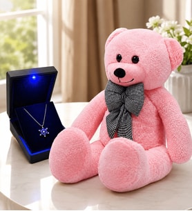 Işıklı Kutuda 925 Ayar Gümüş Gerçek Ametist Taşlı Lotus Kolye ve 80 cm Pembe Peluş Ayıcık Hediye