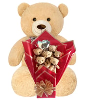 Premium 90 cm Peluş Ayı ve Romantik Balonlu Sütlü Kahve Peluş Ayıcık Buketi (Bej)
