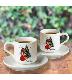Mutlu Yıllar & Merry Christmas & Yılbaşı Tasarımlı İkili Türk Kahvesi Fincanı Seti Kişiye Özel