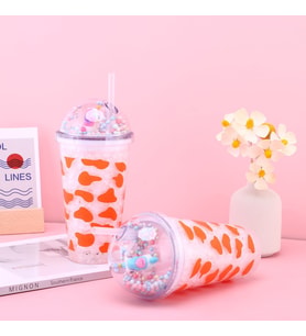 Benekli Işıklı ve Pipetli Bardak, 450 ml, Buzlu ve Kapaklı, Pembe, 20x8 (Pembe)