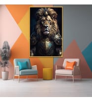 Metal Çerçeveli Temperli Cam Tablo  Savaşçı Aslan Portresi (Gold)