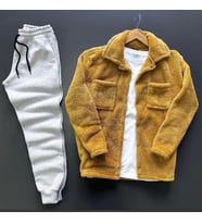 Unisex Taba Peluş Polar Hırka Gömlek Gri Eşofman Altı Takım