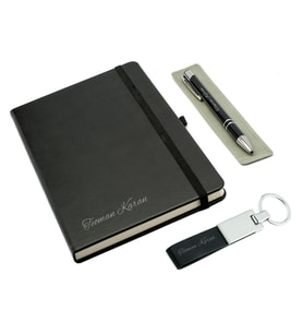 Kişiye Özel Deri Lastikli Defter, Anahtarlık ve Kalem Seti - Siyah