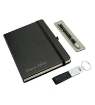 Kişiye Özel Deri Lastikli Defter, Anahtarlık ve Kalem Seti - Siyah