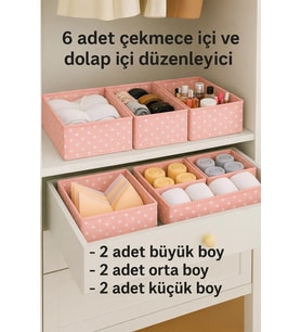 6'lı PEMBE Desenli - Çekmece İçi Düzenleyici Organizer Set - Çok Amaçlı Dolap İçi Kutu Seti