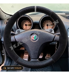Alfa Romeo 147 Dikme Direksiyon Kılıfı Alcantara Süet Mat Karbon Gri Yüzük ve Dikiş Distinctive-Selespeed 2004-2010