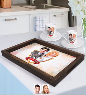 BK Gift Kişiye Özel İsimli Evleniyoruz Karikatürlü Doğal Ahşap Tepsi ve 2’li Kahve Fincan Seti-6