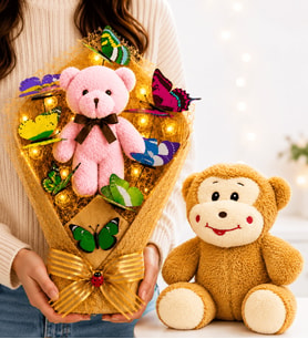 Büyük Boy LED Işıklı Pembe Ayıcıklı Renkli Kelebek Buketi ve Peluş Maymun Hediye Seti