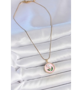 316L Çelik Gold Renk Zincir Pembe Mineli İncili Çiçek İşlemeli Portre Model Ka - HPSBYI5035-8