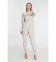 Kadın Bej Uzun Kollu Yazı Detaylı Fitilli Pijama Takımı (Renksiz)