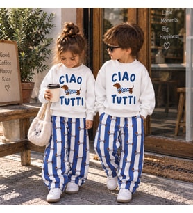 Ciao Tutti Baskılı Sweatshirt Sosis Köpek Baskılı Mavi Çizgili Eşofman 3İp Unisex Alt Üst Takım