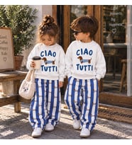 Ciao Tutti Baskılı Sweatshirt Sosis Köpek Baskılı Mavi Çizgili Eşofman 3İp Unisex Alt Üst Takım