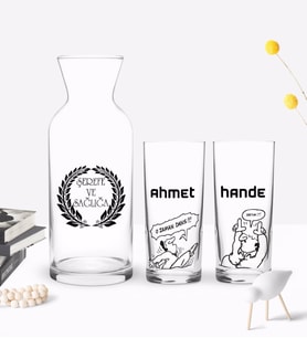 BK Gift Kişiye Özel Renkli Baskılı O Zaman Dans - Renk Tasarımlı İkili Rakı Bardağı ve Karaf Hediye Seti-1 (Model 1)