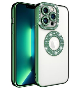 iPhone 12 Pro Max Kılıf Şeffaf Lüx Taşlı Süslemeli Kamera Korumalı Silikon (Yeşil)
