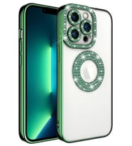 iPhone 12 Pro Max Kılıf Şeffaf Lüx Taşlı Süslemeli Kamera Korumalı Silikon (Yeşil)