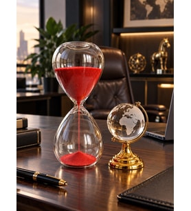 Premium Hediye Masaüstü Ofis Dekoru 15 Dakikalık Cam Kırmızı Kum Saati ve Gold Cam Dünya Küre Seti