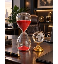 Premium Hediye Masaüstü Ofis Dekoru 15 Dakikalık Cam Kırmızı Kum Saati ve Gold Cam Dünya Küre Seti
