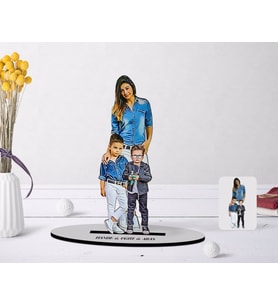 BK Gift Kişiye Özel Tam Boy Anne ve Oğullar Karikatürlü Ahşap Biblo Model-1 (Beyaz)