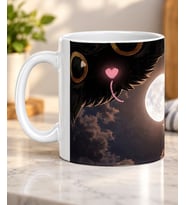 Dolunay Altında İki Kedi Desenli Kedi Severlere Hediye Porselen Kupa Bardak