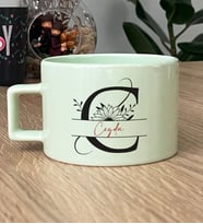 Kişiye Özel Ayçiçek C Harfli Hediye Pastel Fincan İsme Özel İsimli İsim Yazılı (Yeşil)