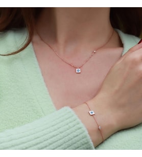 Kare Figürlü Zirkon Taşlı Mine İşli Rose Gold Kaplama Gümüş Takım