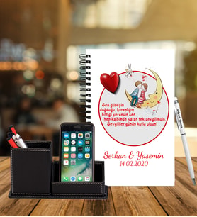 Sevgililer Gününe Özel Ahşap Defter Kalem & Deri Kaplama Kalemlik Hediye Seti 22