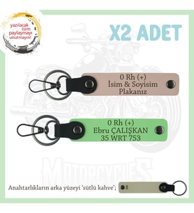 Motor Severlere Özel, İsim Plaka ve 0 Rh (+) Kan Grubu Yazılı x2 Anahtarlık, Yavruağzı-F Yeşil-SK (Çok Renkli)