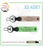 Motor Severlere Özel, İsim Plaka ve 0 Rh (+) Kan Grubu Yazılı x2 Anahtarlık, Yavruağzı-F Yeşil-SK (Çok Renkli)