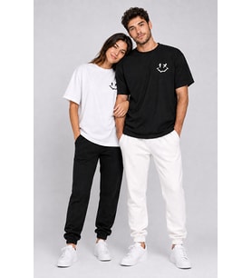 Sevgili Kombini Smiley Baskılı Çift Tişört Oversize Unisex %100 Pamuk 2'li Set