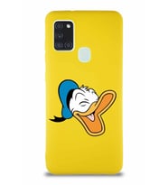 Samsung Galaxy A21S Soft Premier Kapak Donald Duck-E Tasarımlı Silikon Kılıf - Sarı (Şeffaf)