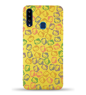 Samsung Galaxy A20s Uyumlu Lansman Kılıf Hello Kitty Tasarımlı İçi Kadife Kapak-Sarı (Şeffaf)