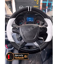 Ford Transit Custom Dikme Direksiyon Kılıfı Delikli Deri Parlak Siyah Beyaz Detay Çift Yüzük ve Dikiş 2014+