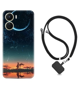 Vivo Y16 Kılıf Silikon Boyun Askılı İpli Desenli Silikon Ay ve Kız 1720