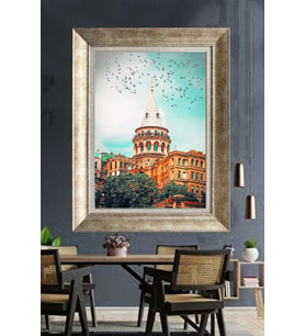 Tablore İstanbul Galata Kulesi Ve Kuşlar Fotoğraf Baskı Çerçeveli Kanvas Tablo