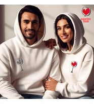 Sevgililer Günü Kombin Erkek Kadın Kadehli Kalp Görselli Kapüşonlu Hoodie Sweatshirt 7005 (Beyaz)
