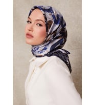 Desenli Twill İpek Eşarp-0918 (Lacivert)