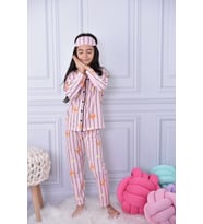 Yeni Sezon Kız Çocuk Çizgili Sevimli Teddy Bear Çizgili Düğmeli Pijama Takımı  Göz Bandı Dahil (A.Pembe)