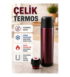 Tek Tuş Kapaklı Paslanmaz Çelik Vakumlu Termos – Sızdırmaz Sıcak Soğuk İçecek Termosu