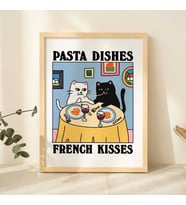 Fransız Öpücükleri ve Kedi Baskısı ile Makarna Yemekleri, Romantik Lokanta Posteri, Bistro Yemek Makarna Posterleri