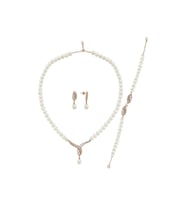 Yaprak Taşlı Doğal İnci Küpe Kolye Bileklik Üçlü Set (Rose)