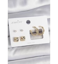 Pirinç Gold Renk Burgu Halka Model Zirkon Taşlı Kare Detay 3 Çift Kadın Küpe Seti 5886