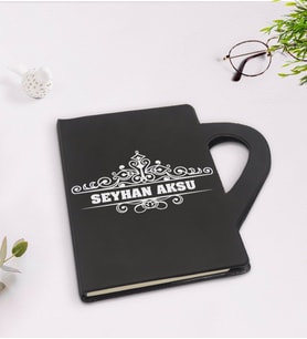 BK Gift Kişiye Özel İsimli Kupa Şeklinde Siyah Termo Deri Defter Model 32