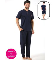 Erkek 3 Düğmeli Likralı Pamuk Kısa Kol Cepli Şortlu 3lü Pijama Takımı-3 Parça Kutulu Çeyizlik Set (Lacivert)