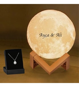 Kişiye Özel Dekoratif Ayaklı Ay Tasarımlı Gece Lambası-Kolye Hediyeli