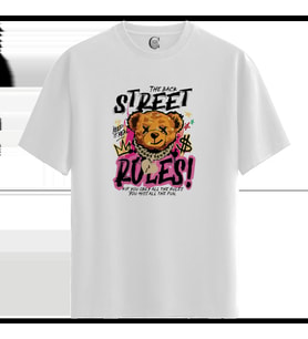 Street Teddy - %100 Pamuklu Erkek Beyaz Tişört - Premium Quality
