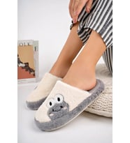 Albishoes Kadın Kurbağa Figürlü Sessiz Taban Önü Kapalı Peluş Kışlık Ev Terlik (Gri)