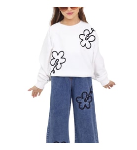 KIZ Çocuk ÇİÇEK NAKIŞLI KOT PANTALONLU TAKIM
