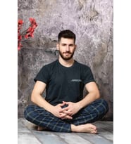 Sıfır Yaka Desenli Kısa Kol Erkek Pijama Takımı Füme