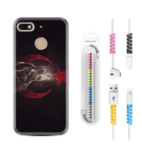 General Mobile GM8 Go GM9 GM20 Pro Plus Kılıf Kablo Koruma Spiral Silikon Kurt ve Ay Yıldız 1403