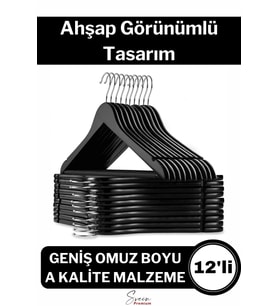 Premium Ahşap Görünümlü Kırılmaz Dayanıklı Plastik A Kalite Siyah Kıyafet Elbise Askı 12'li
